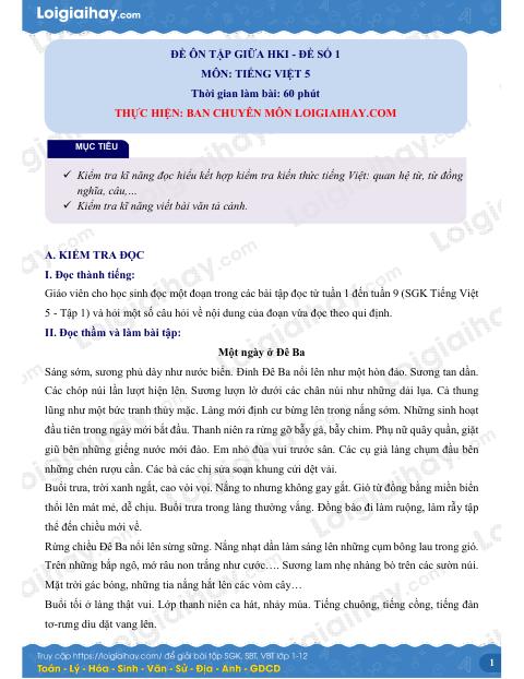 Đề số 1 - Đề kiểm tra giữa học kì 1 (Đề thi giữa học kì 1) – Tiếng Việt 5